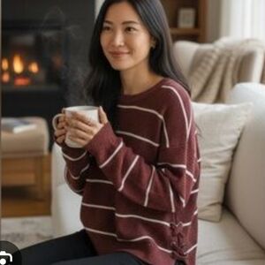 SO Maroon and Cream Striped Lace-Up Crewneck Sweater